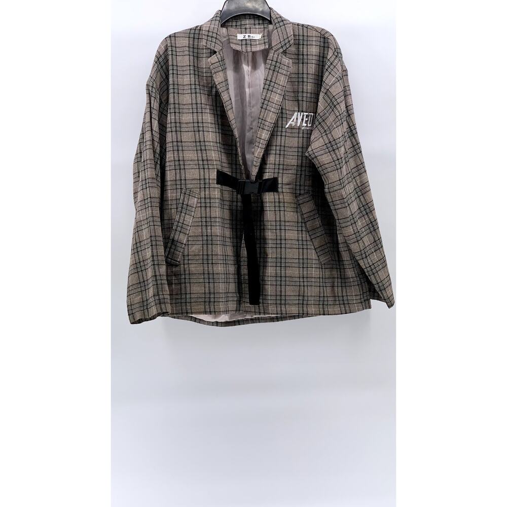 ZBCR Women's Tan-Black Plaid Buckle Closure Notch Collar Blazer SZ M